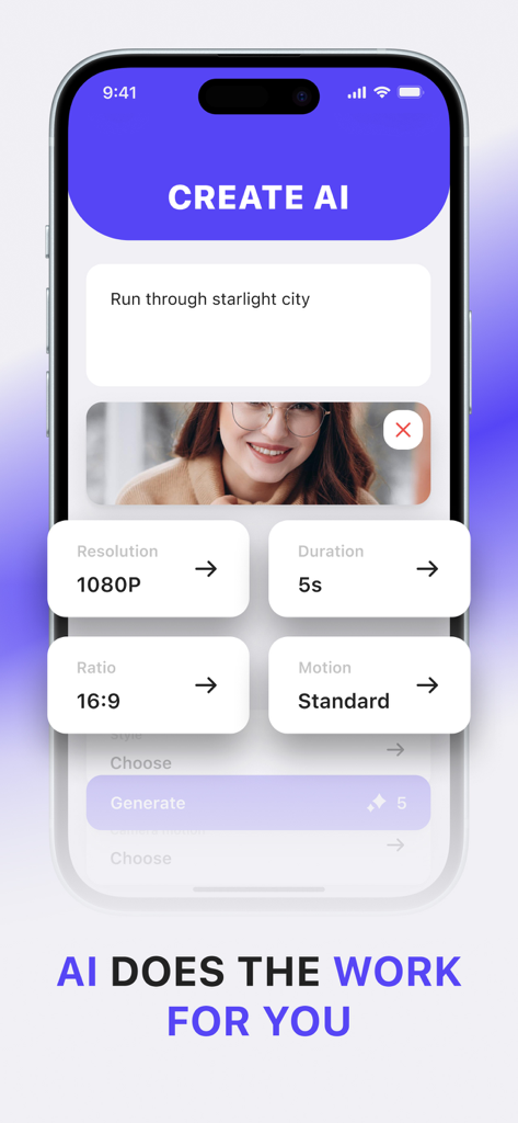 Interface of Lumen AI showing text to video prompt and photo to video generation settings on an iPhone