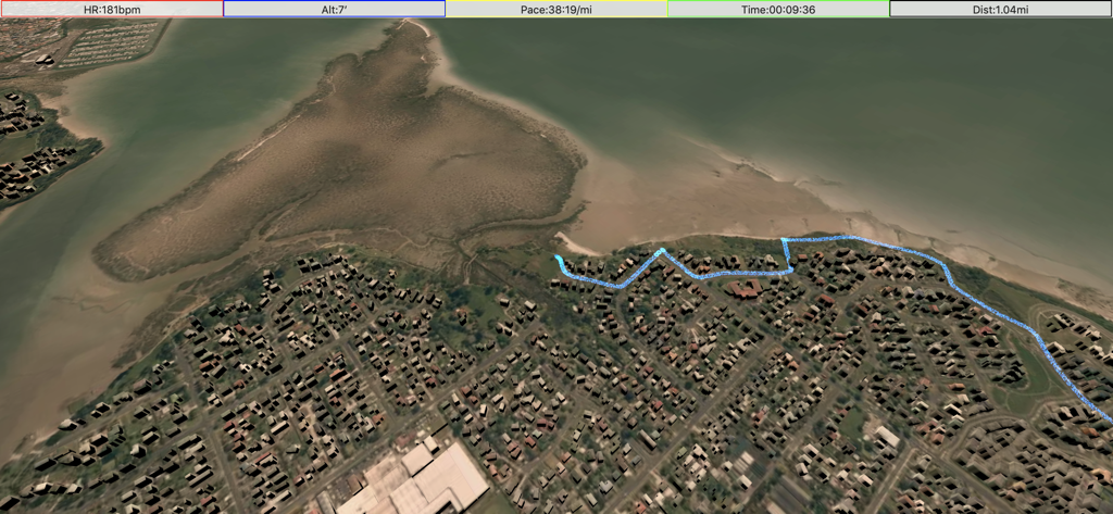 A 3D map showing a fitness route in a coastal area with heart rate and pace statistics