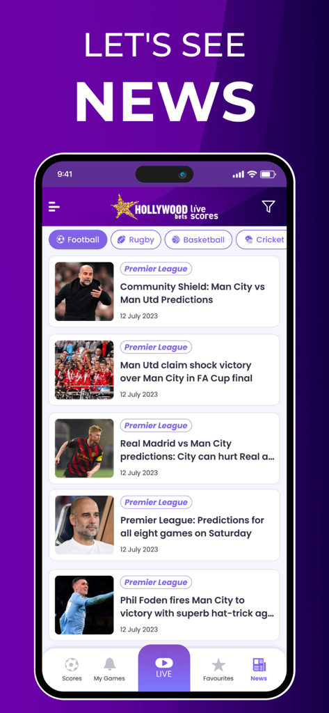 Hollywoodbets Live Scores app showing a feed of Premier League football news and match predictions