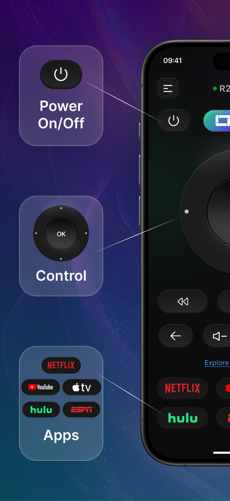 Universal Remote: All Smart TV - Universal remote app interface with power button, navigation controls, and shortcuts for streaming apps.