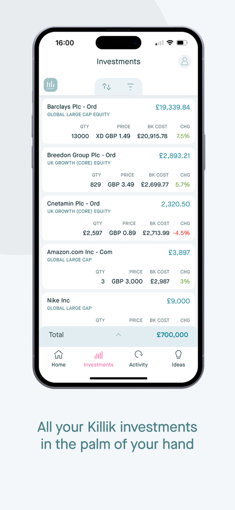 Captura de pantalla de la aplicación Killik and Co que muestra una cartera de inversiones con acciones globales y saldo total.