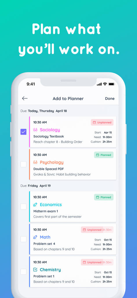 Shovel study planner mobile app interface showing a list of academic tasks for different college subjects with estimated study times and time cushions.