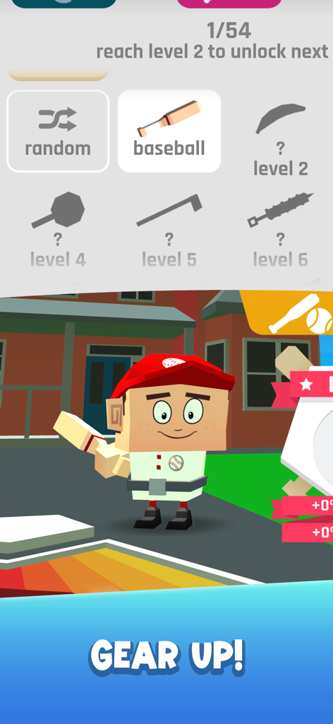 Baseball Boy character customization screen showing various unlockable bats and equipment items