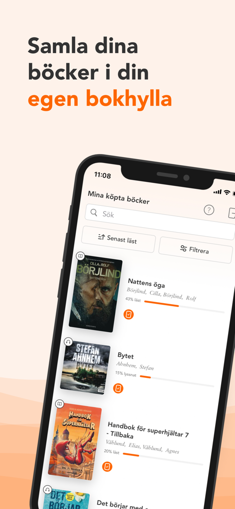 Bokus Reader mobile app displaying a collection of purchased e-books and audiobooks