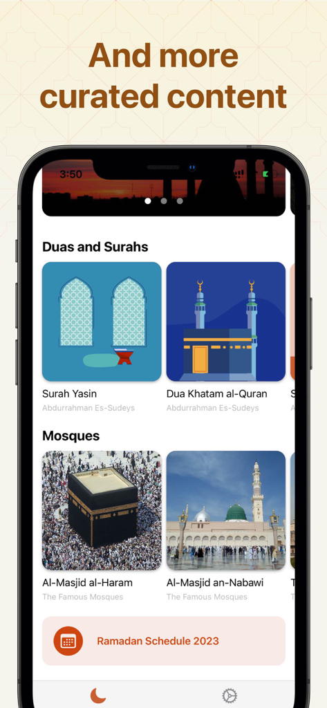 Iftar: Countdown Ramadan Table - Mobile app interface displaying curated Islamic content like Duas, Surahs, and famous mosques.