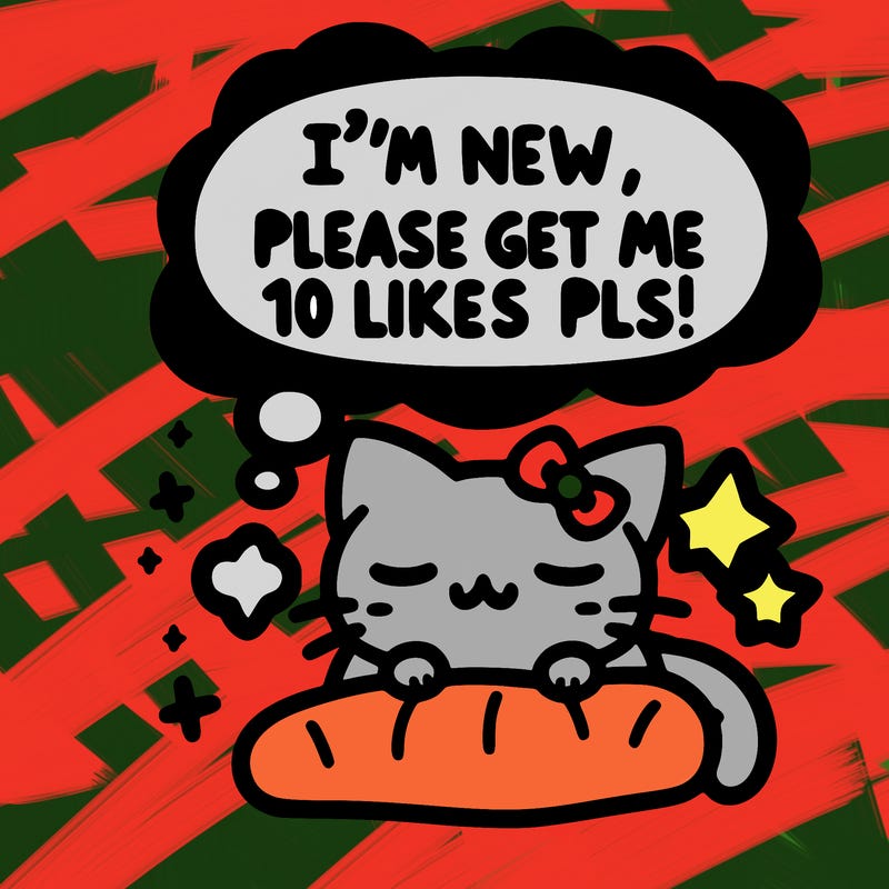 kitty taking a nap dream talking and saying "i'm new, please get me at least 10 likes pls!!"