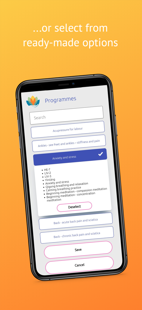 Interfaz de la aplicación Jing que muestra programas de medicina china listos para usar para el manejo de la ansiedad y el estrés.