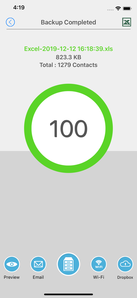 Écran de sauvegarde de contacts réussi montrant 1279 contacts exportés vers un fichier Excel