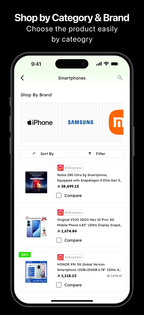 Rakhys app smartphone category showing brand options and electronic device price listings