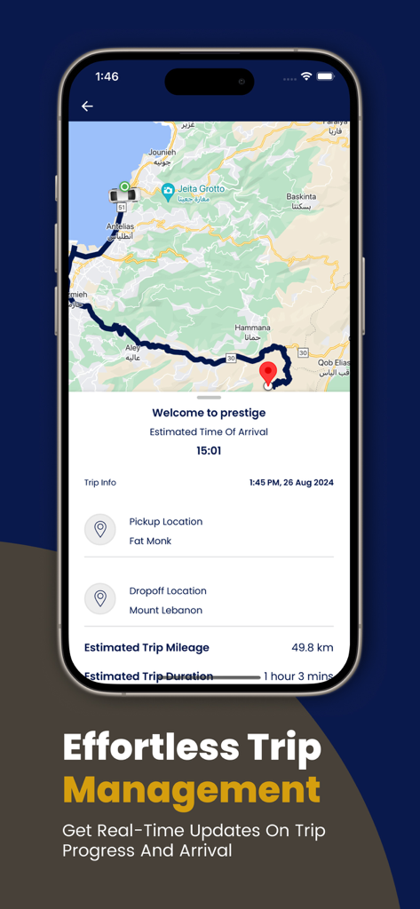 Prestige Cars app interface displaying real-time trip tracking with map and estimated arrival time