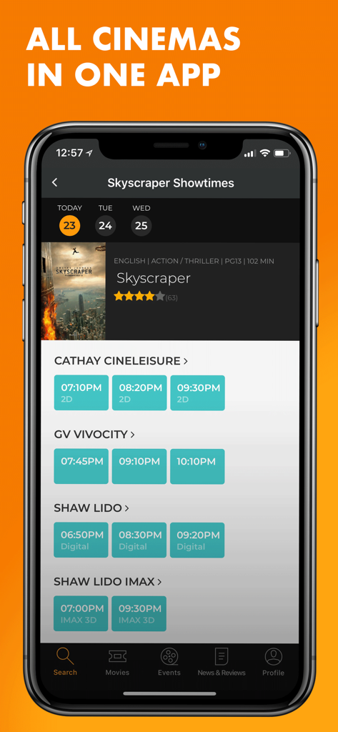 Popcorn: Movie showtimes - Mobile screen showing movie showtimes for different cinema chains in the Popcorn app.