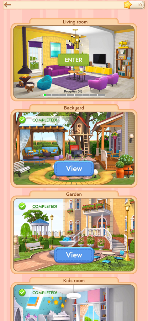 Craft Cross Stitch: Pixel Art - A selection of virtual rooms to decorate in the Craft Cross Stitch app showing progress and completed designs.