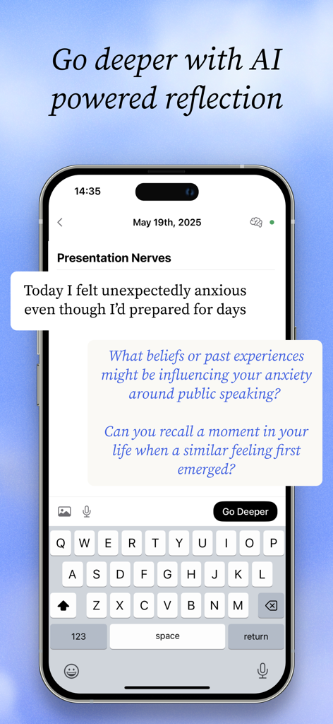 Entries: AI Journal & Diary - Entries app interface showing AI powered reflection on a journal entry about presentation anxiety