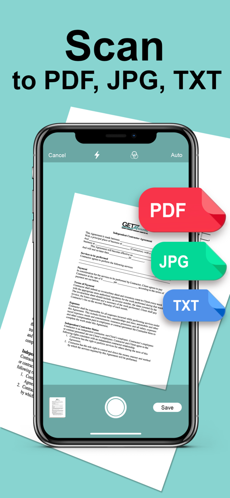 A smartphone interface using True Scanner to digitize a paper document into PDF JPG or TXT formats