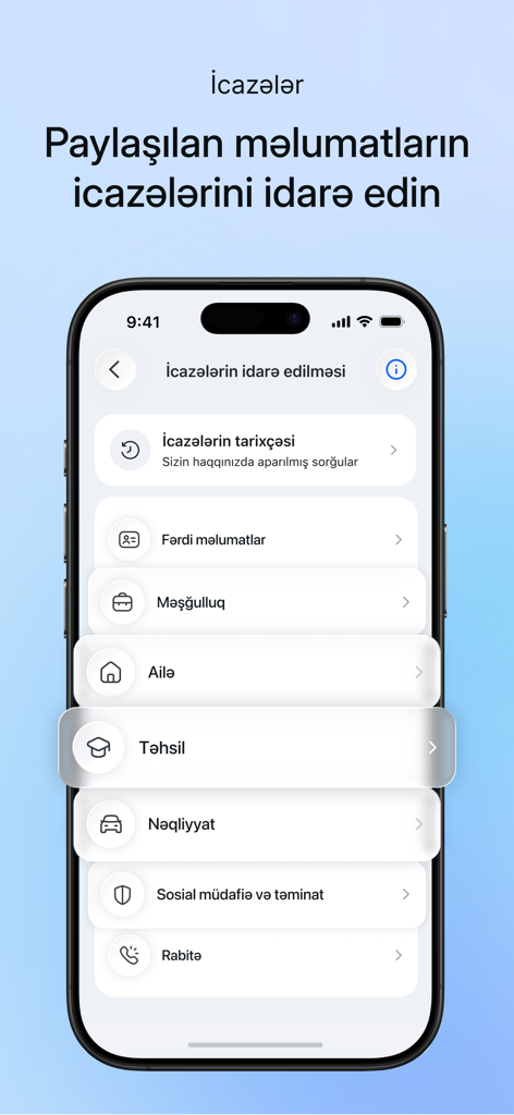 A tela de gerenciamento de permissões do aplicativo mygov exibindo categorias para dados de cidadãos compartilhados.