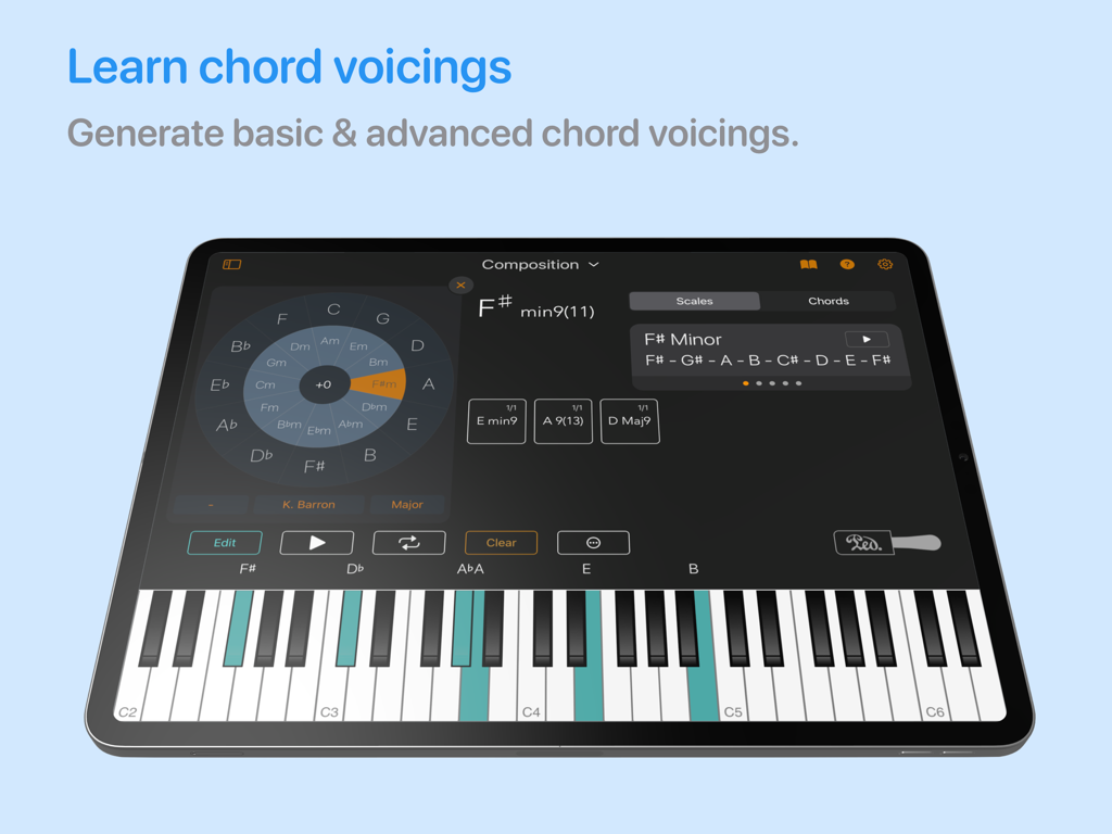 Chordio: compose & learn music - Chordio app interface on iPad showing chord voicings and a virtual piano keyboard