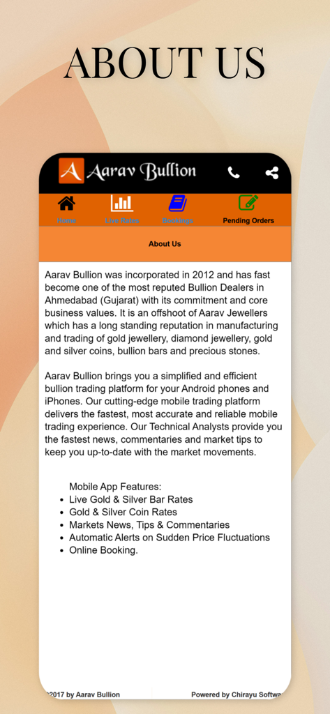 Aarav Bullion - About Us screen of the Aarav Bullion app displaying company history and gold and silver trading features