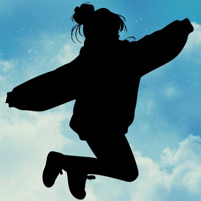 realistic girl jumping with a bun and oversized sweatshirt