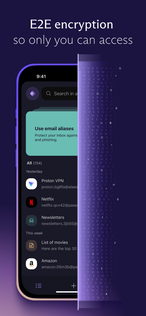 A mobile screen showing the Proton Pass app interface with a visual representation of end-to-end encryption over account logins and email aliases.
