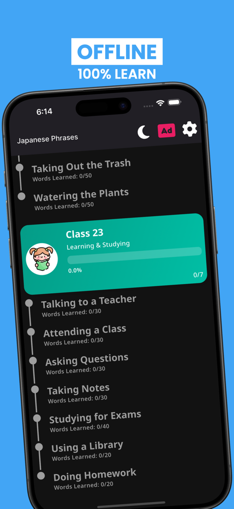 Japanese Learn For Beginners app interface showing a list of phrases for learning and studying in dark mode.