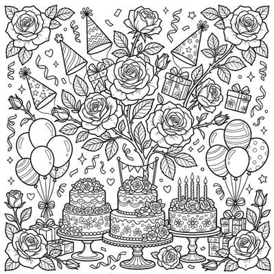 Step into a whimsical birthday world where elegant Grandiflora roses intertwine with festive party elements. This delightful coloring page is bursting with cakes, balloons, and gifts, offering a creative way to celebrate any special occasion.