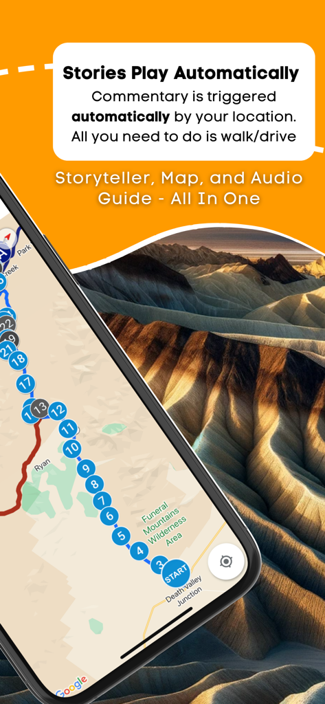 Death Valley National Park audio guide app interface showing a GPS route map with numbered stops and automatic story playback text