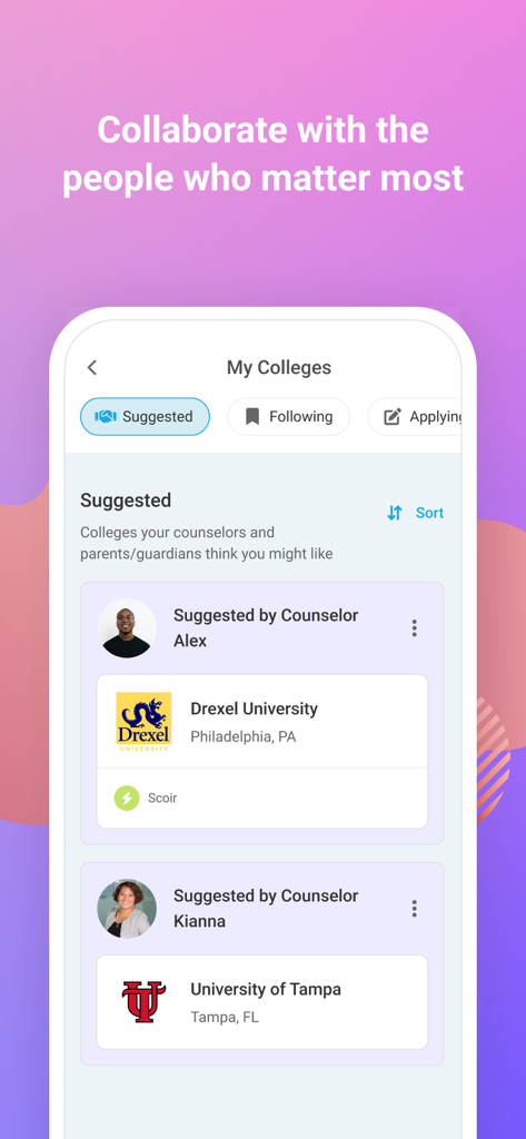 Scoir - Scoir app interface showing college recommendations from high school counselors