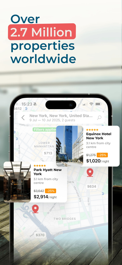 ZenHotels app interface showing a map of New York with discounted rates for luxury hotels like Park Hyatt and Equinox.