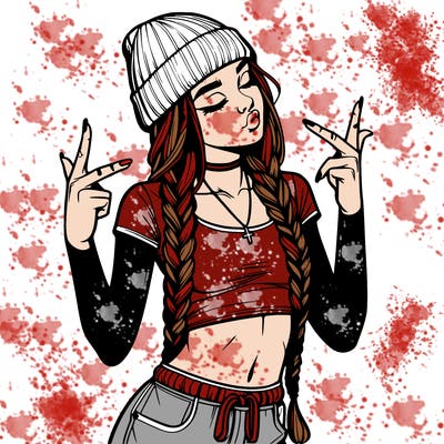 realistic teenage girl with braids and a beanie and crop top doing 🫶🏼