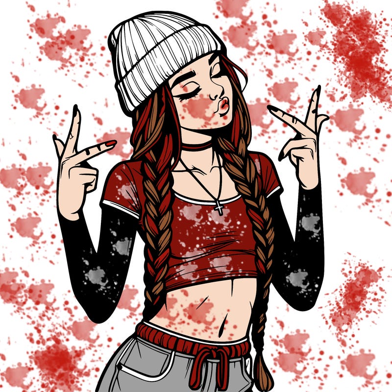 realistic teenage girl with braids and a beanie and crop top doing 🫶🏼