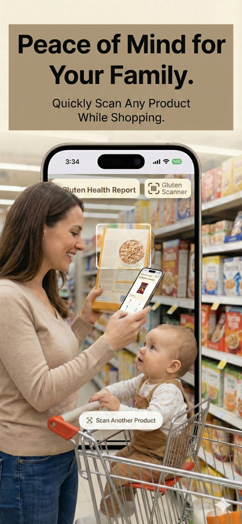 Gluten Free Scanner GF - A mother using the Gluten Free Scanner GF app to scan products while grocery shopping with her toddler.