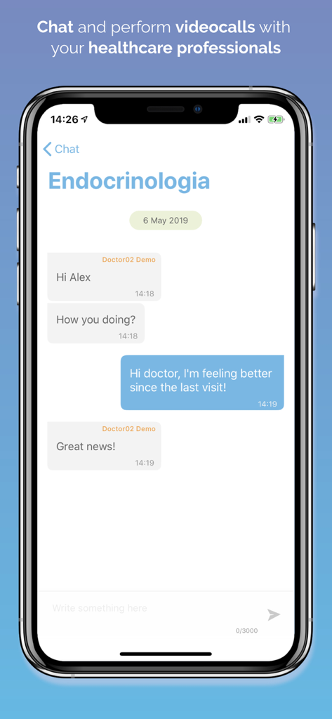 SocialDiabetes - Diabetes app - Interface de chat entre um paciente e um profissional de saúde no aplicativo SocialDiabetes