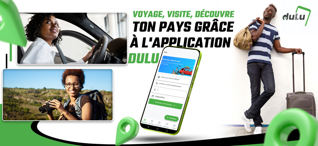 Dulu - Promotional banner for the Dulu app showing travelers and the mobile ride booking interface