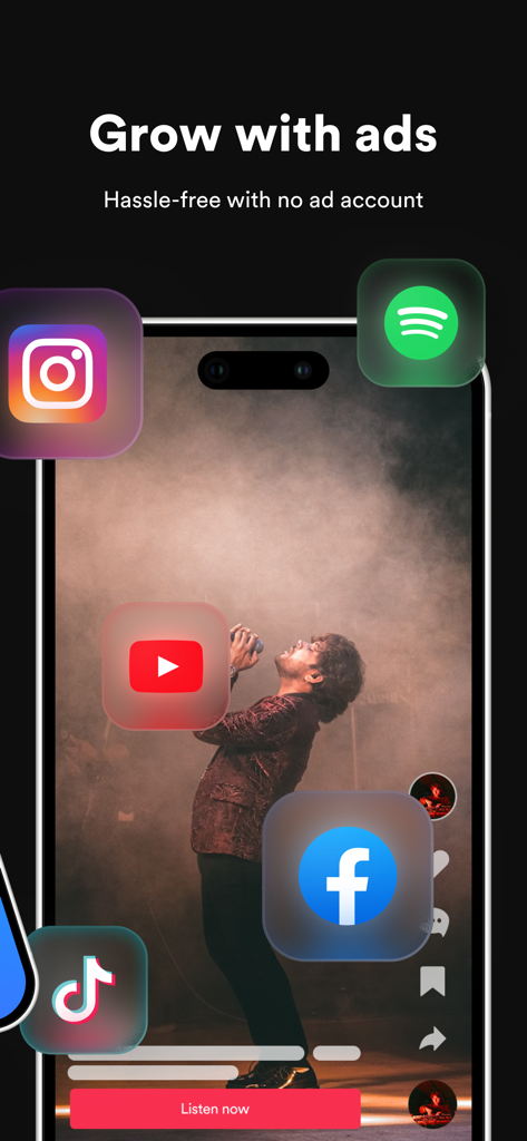 un:hurd: Music Marketing - Interface d'application de marketing musical montrant les options publicitaires sur les plateformes de médias sociaux