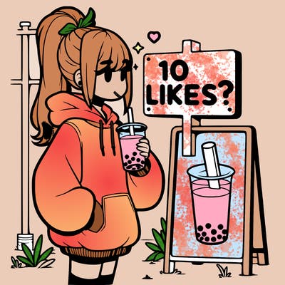 girl with oversized hoodie drinking boba and she has a high ponytail with a sign that says 10likes?