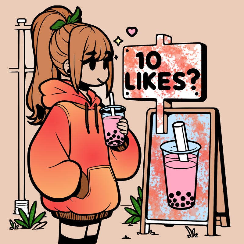 girl with oversized hoodie drinking boba and she has a high ponytail with a sign that says 10likes?