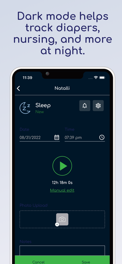 Talli Baby Tracker Newborn Log - Talli Baby Tracker sleep tracking screen in dark mode