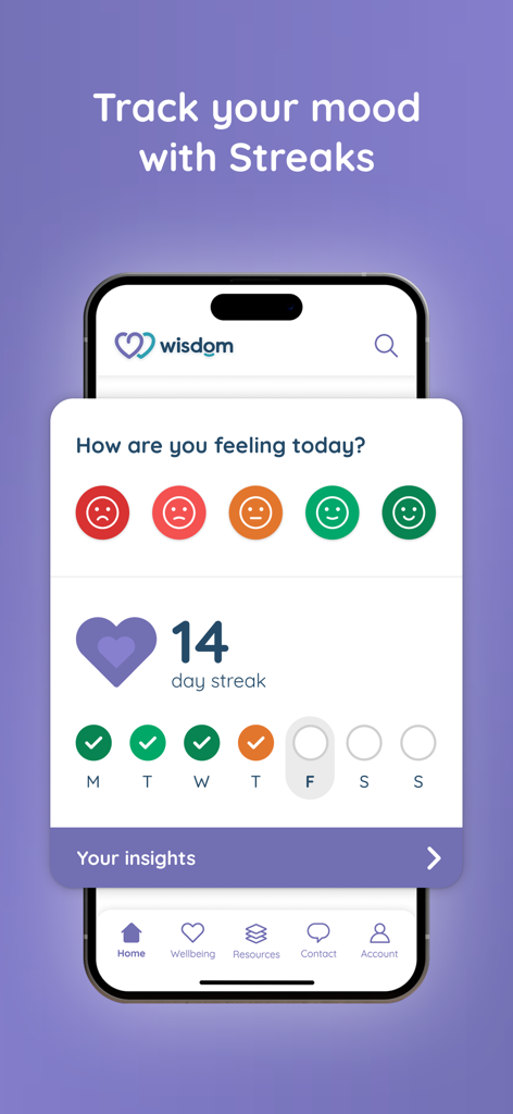 Wisdom: Learn, Grow, Thrive - Interfaz del rastreador de estado de ánimo de la aplicación Wisdom mostrando una racha de 14 días y la selección de emojis de estado de ánimo diario.