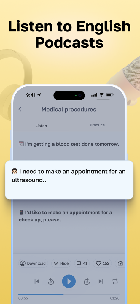 Lisn Learn Speak English Audio - Lisn app interface displaying an English audio lesson about medical procedures with a text transcript