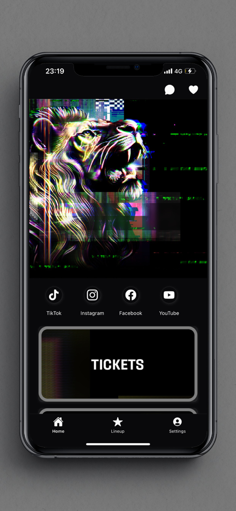 Home screen of the Tecate Pal Norte app featuring a glitch art lion and a tickets button