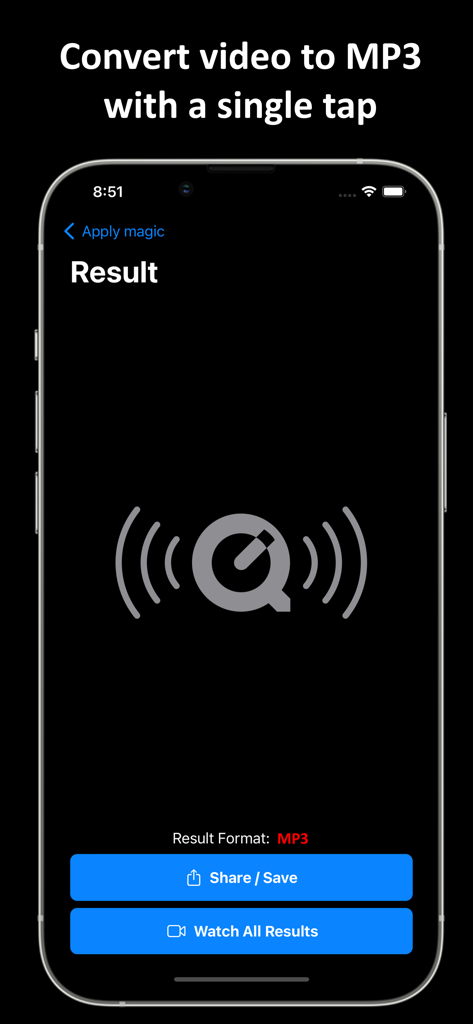 Video Files Converter: MP4,MP3 - Screenshot of the app showing a successful video to MP3 conversion result with options to share or save the file