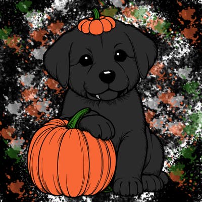 a realistic puppywith a pumpkin on his head