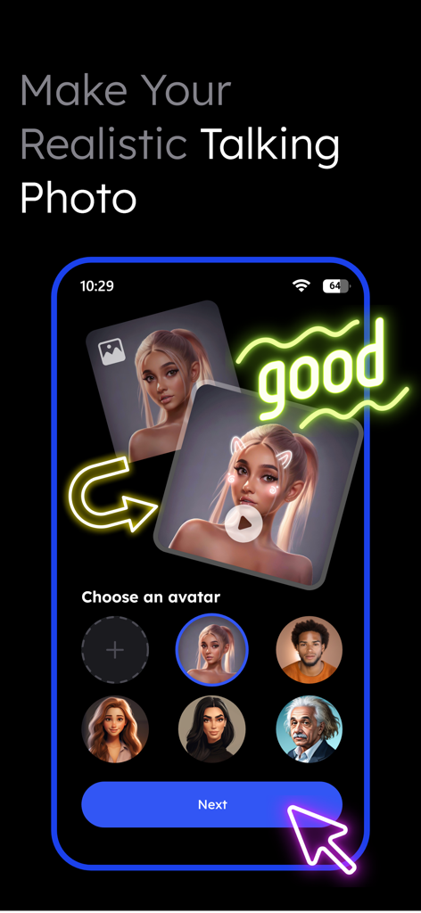 Vidqu Video & Photo Face Swap - A mobile app interface for creating AI talking photos with several selectable character avatars