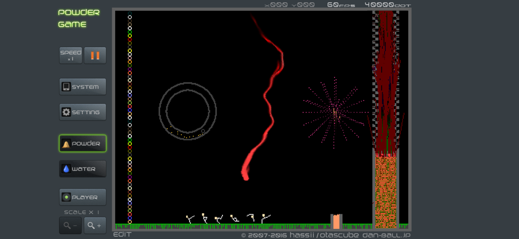 Gameplay screenshot of Powder Game physics simulation showing various particle effects and menu controls
