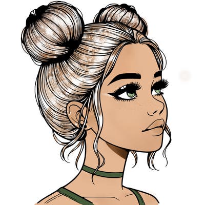 realistic girl with buns on the top of her head