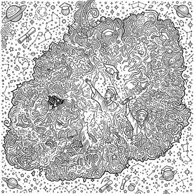 Dive into a universe of celebration with this unique Crab Nebula graduation coloring page. Featuring joyful graduates amidst cosmic swirls and academic symbols, it's a perfect way to commemorate success.