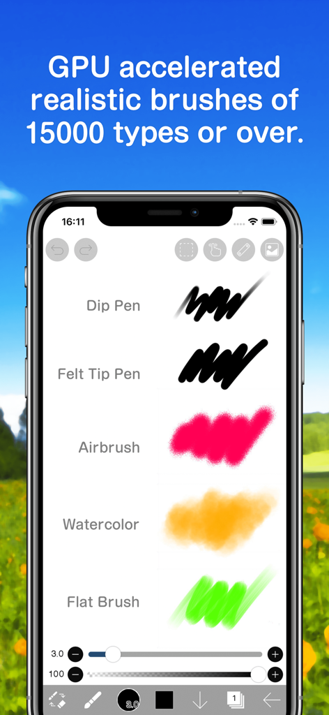 Interface mobile ibis Paint affichant divers pinceaux de dessin réalistes comme l'aérographe et l'aquarelle