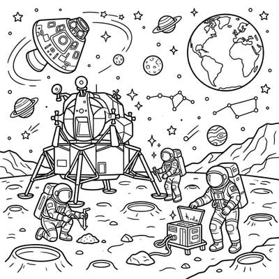 Explore the historic Apollo Missions with this detailed coloring page, featuring brave astronauts on the lunar surface and iconic spacecraft. It's a fantastic way for all ages to learn about and celebrate space exploration.