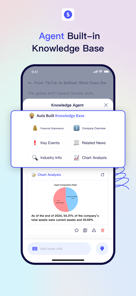 iSpeech — Hear More. Know More - Uma interface móvel do aplicativo iSpeech mostrando um agente de base de conhecimento automatizado com categorias financeiras e uma análise gráfica de ativos.