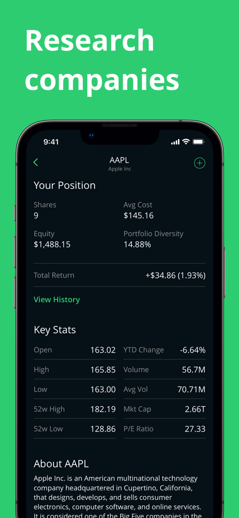 MarketSim - MarketSim app interface displaying detailed stock research and key statistics for Apple Inc